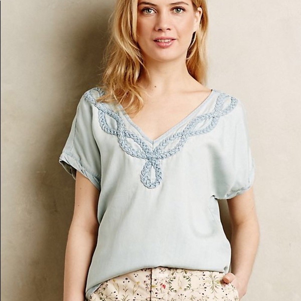 Anthropologie Braided Chambray Tee NWT L *so soft*